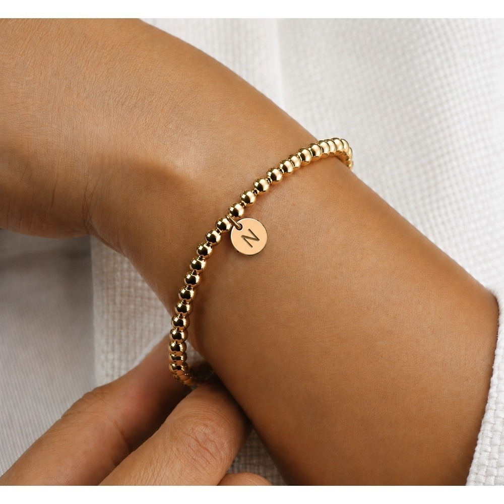 Gold Beaded Initial N Charm Stretch Bracelet Personalized Dainty Jewelry Womens